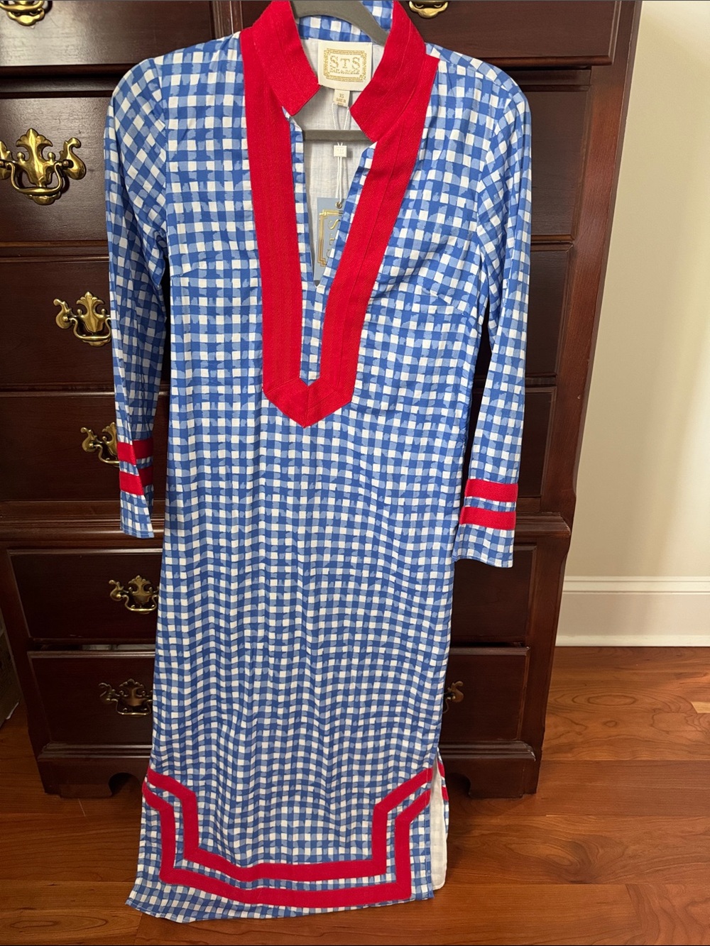 Sail to Sable Blue and White Gingham Tunic Dress with Red Trim